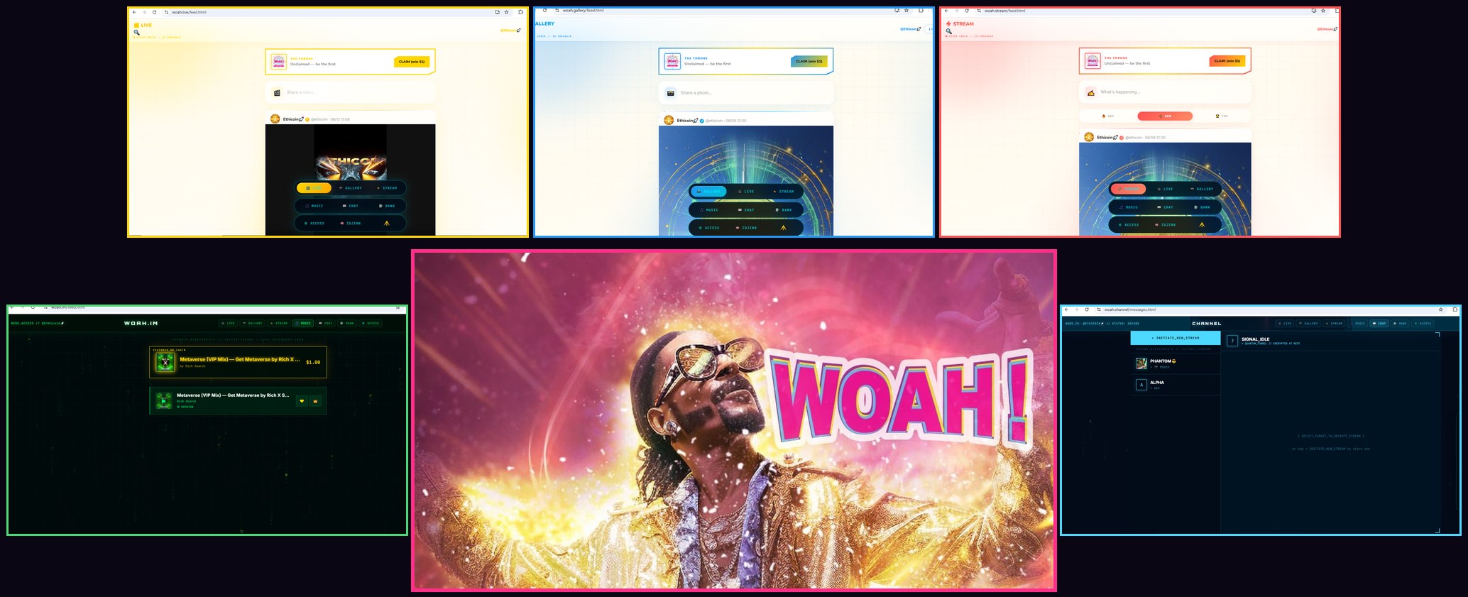WOAH's 5 platforms — LIVE, GALLERY, STREAM, MUSIC, CHAT — live screens